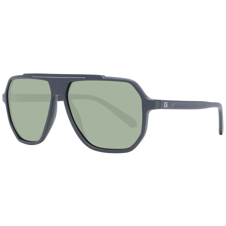 Dark gray plastic rectangular sunglasses with green lenses, double bridge, and logo on temple
