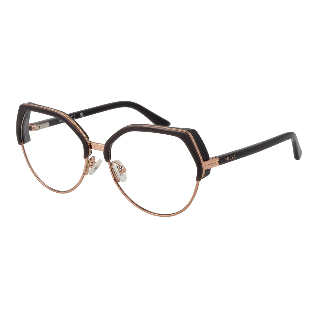 Black and rose gold geometric eyeglasses with thin metal frame and thick upper rim, round lenses, adjustable nose pads