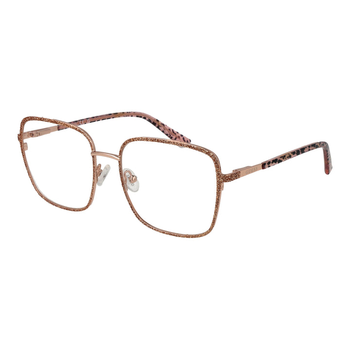 Rose-gold metal square eyeglasses with glittery front, black patterned temple tips, adjustable nose pads
