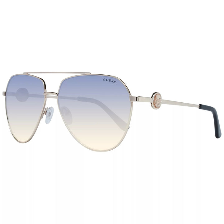 Unisex gold aviator sunglasses with blue-to-beige gradient lenses and two-tone temple tips, red and black cases