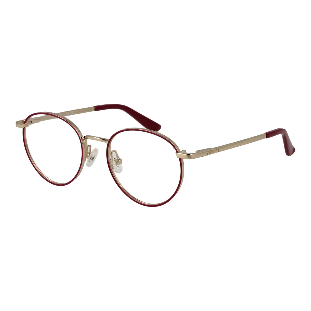 Unisex gold metal round eyeglasses with thin frame and adjustable nose pads against white background