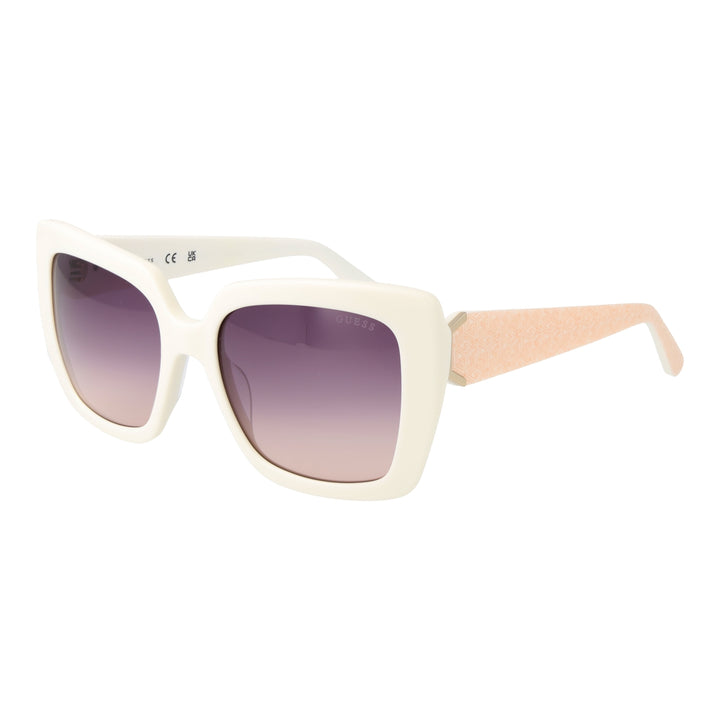 White plastic oversized sunglasses with pink-to-purple gradient square lenses and patterned temples with metal detail