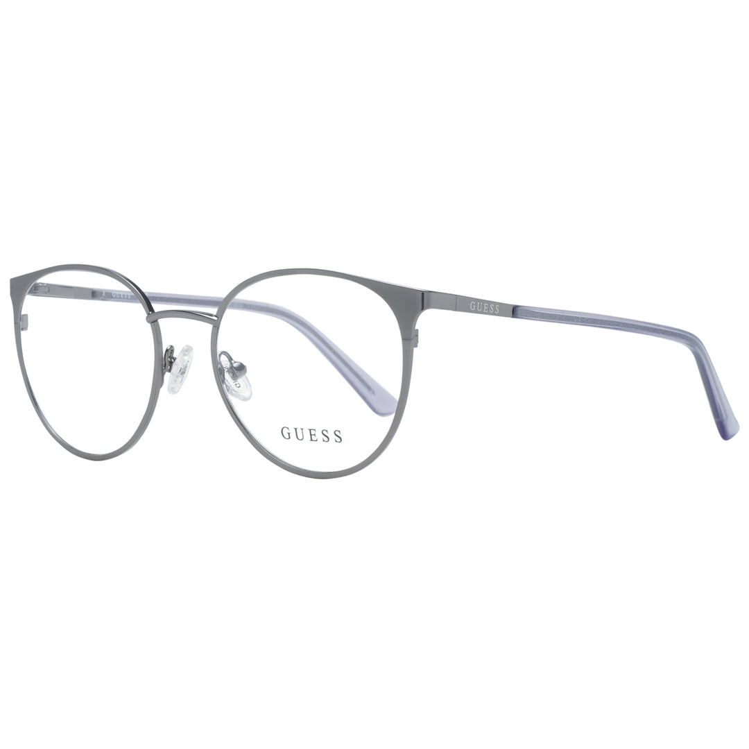 Gray thin metal round eyeglasses on neutral background with adjustable nose pads and minimalist full-rim frame