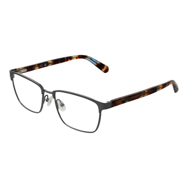 Unisex semi-rimless eyeglasses in gunmetal front with tortoiseshell patterned plastic temples, rectangular lenses, nose pads