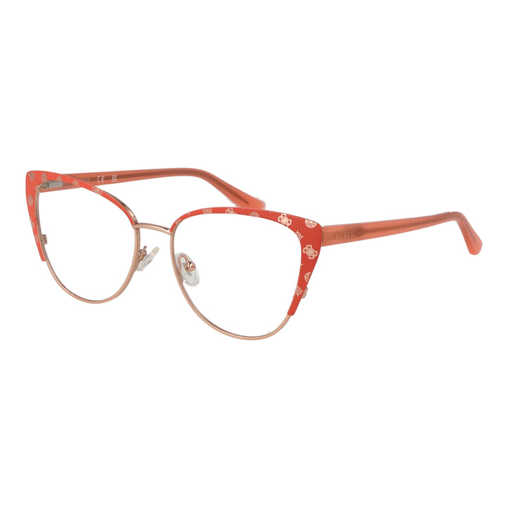 Red patterned cat-eye eyeglasses with rose-gold temples and adjustable nose pads on white background