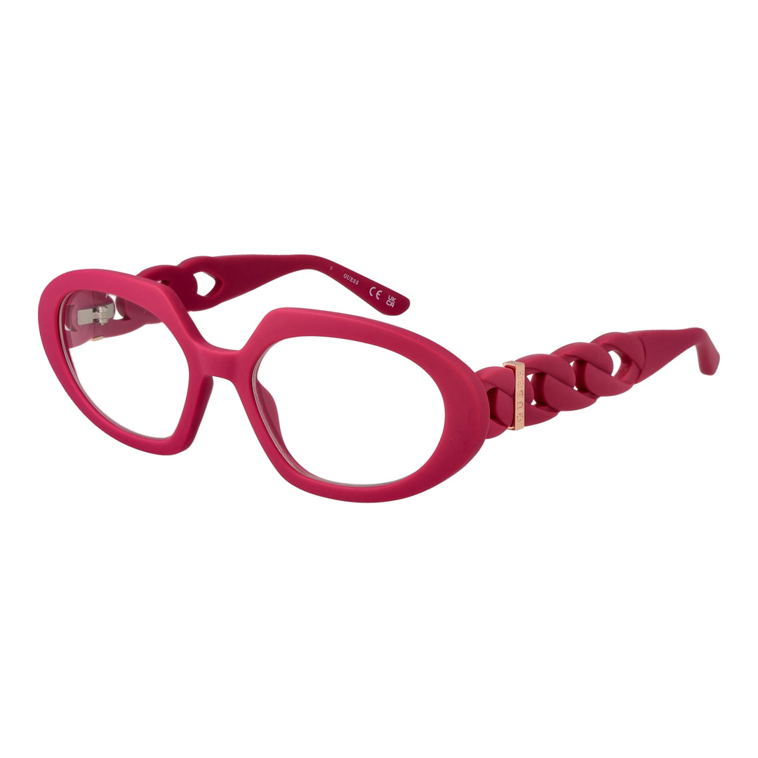 Pink plastic oval eyeglasses with chain-link temples and decorative metal rings on sides