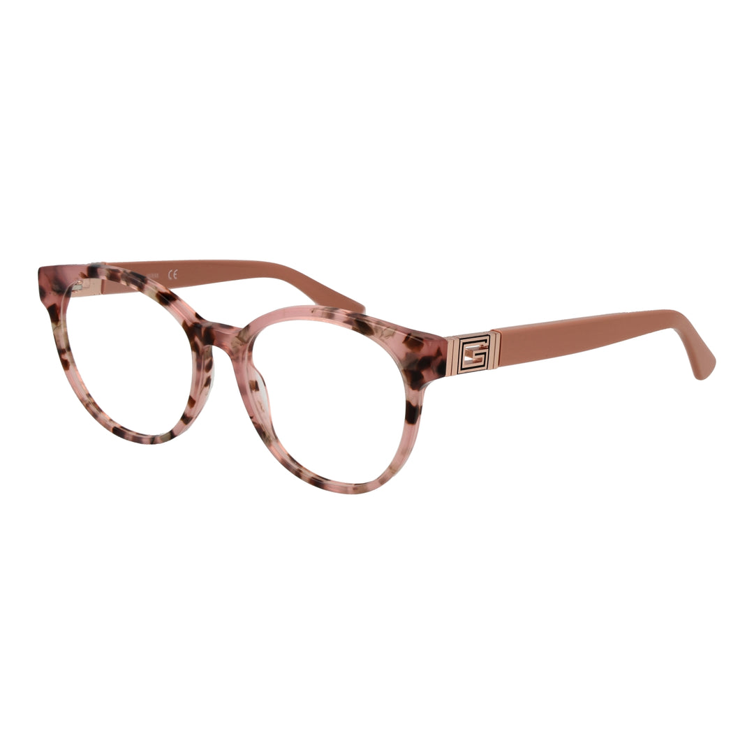 Pink tortoiseshell round eyeglasses in glossy plastic with brown accents and metal logo on temples