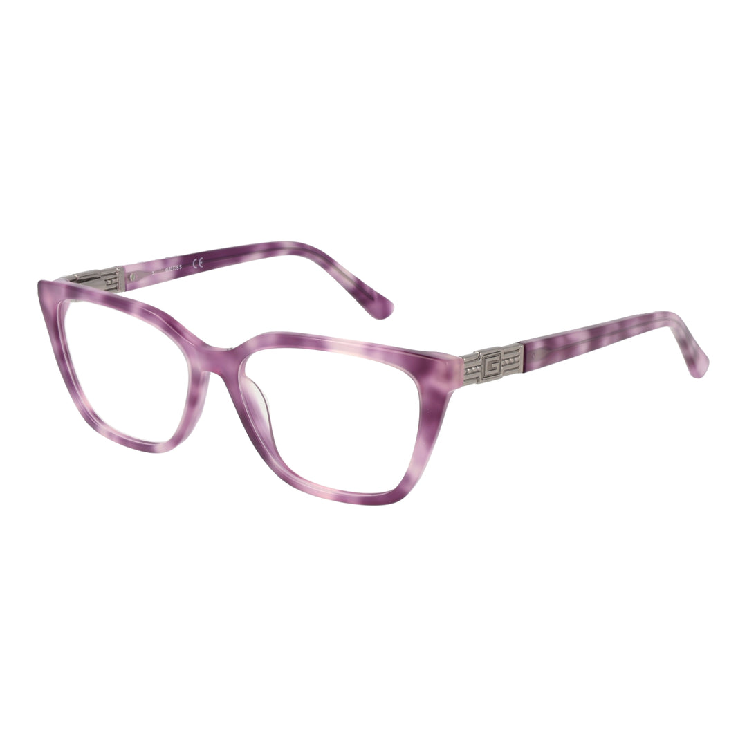 Purple and white marbled cat-eye eyeglasses in acetate with metallic 'G' hinge on white background