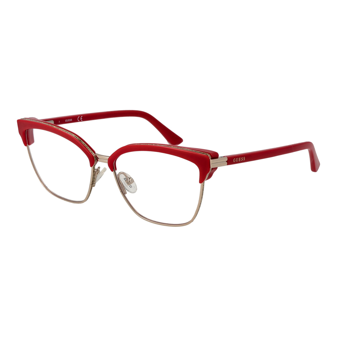 Red cat-eye eyeglasses with gold metal frame and plastic temple tips shown front-on