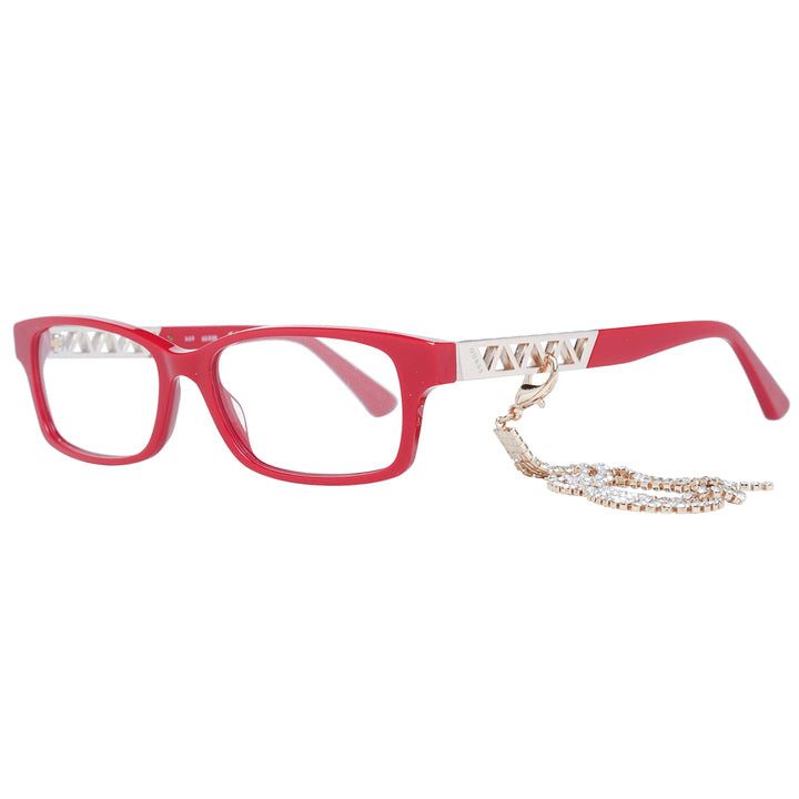 Red full-rim rectangular eyeglasses with gold-tone temple accents and attached rhinestone chain for Women
