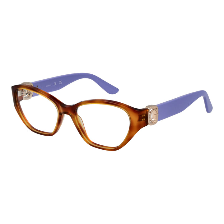 Brown and purple plastic cat-eye eyeglasses with gold &