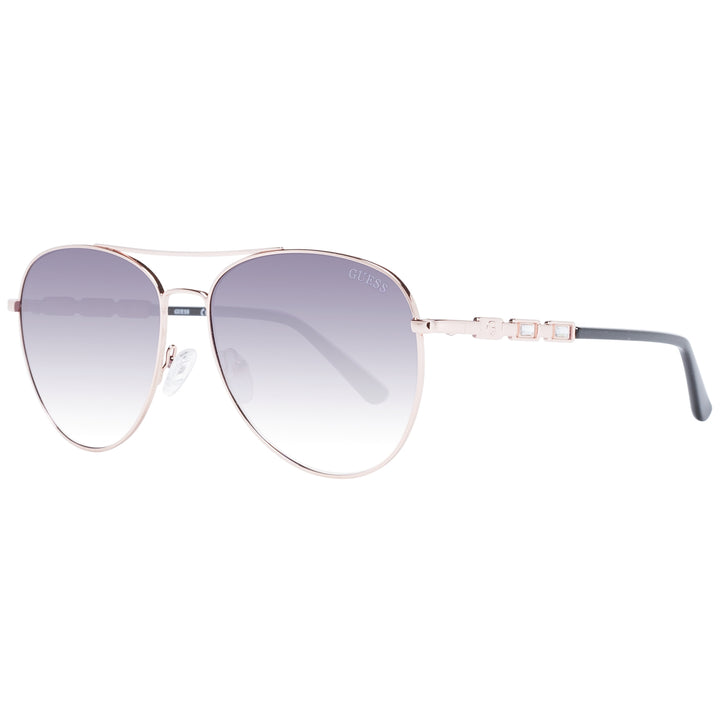 Rose gold aviator sunglasses with double bridge and gradient purple lenses, black temple tips, decorative temples