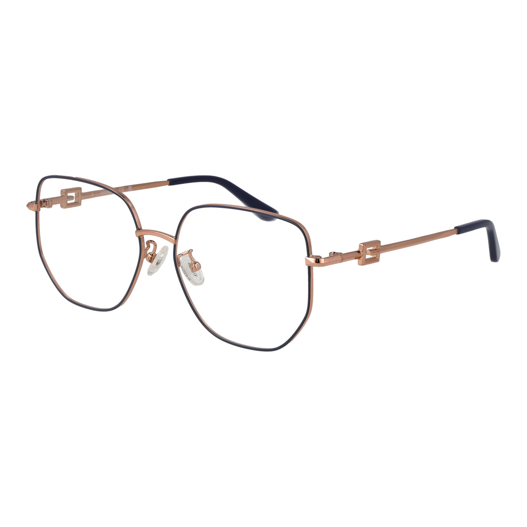 Rose gold geometric metal eyeglasses for Women with thin temples, black tips, and square temple detail