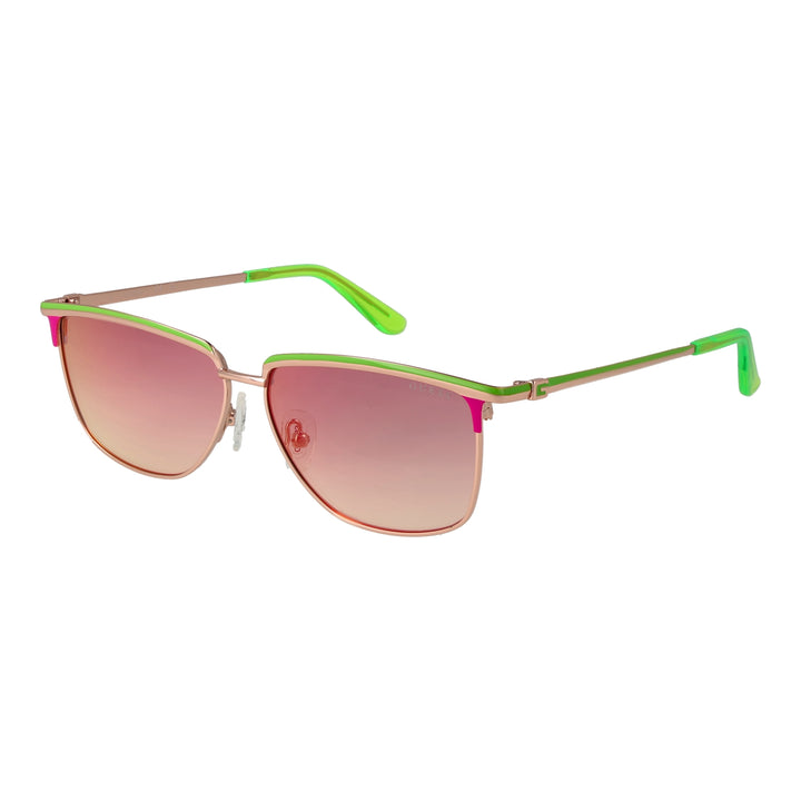 Rose gold thin metal aviator sunglasses with gradient pink-green lenses and colored temple tips on white
