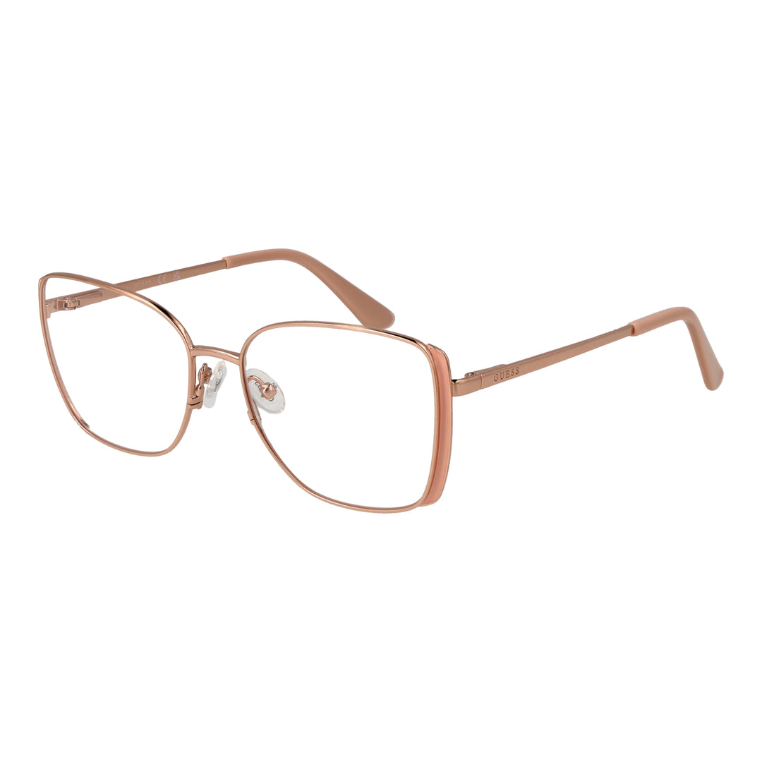 Rose gold metal eyeglasses for Women with thin square lenses and adjustable nose pads on white background