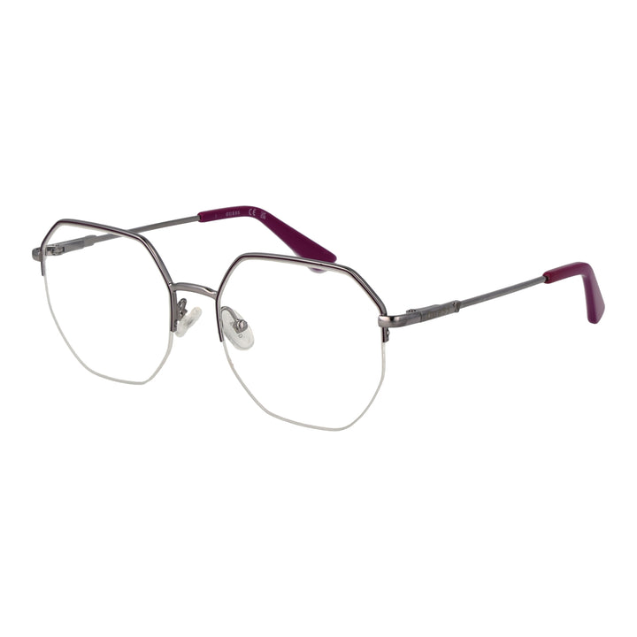 Unisex silver octagonal eyeglasses with purple accents, thin metal temples and plastic temple tips, front three-quarter view