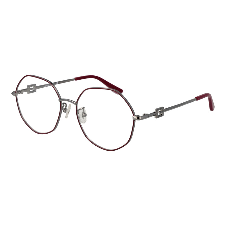 Unisex silver octagonal metal eyeglasses with red temple accents and adjustable nose pads