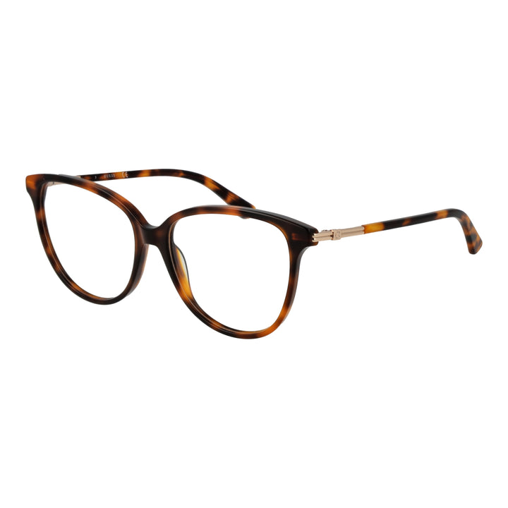 Tortoise brown cat-eye full-rim eyeglasses in plastic with gold hinge detail, front three-quarter view