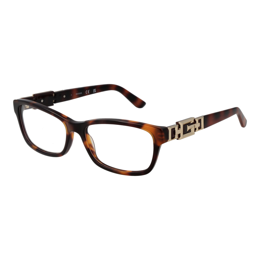 Tortoise brown rectangular full-rim eyeglasses in plastic with gold hinge detail, front three-quarter view
