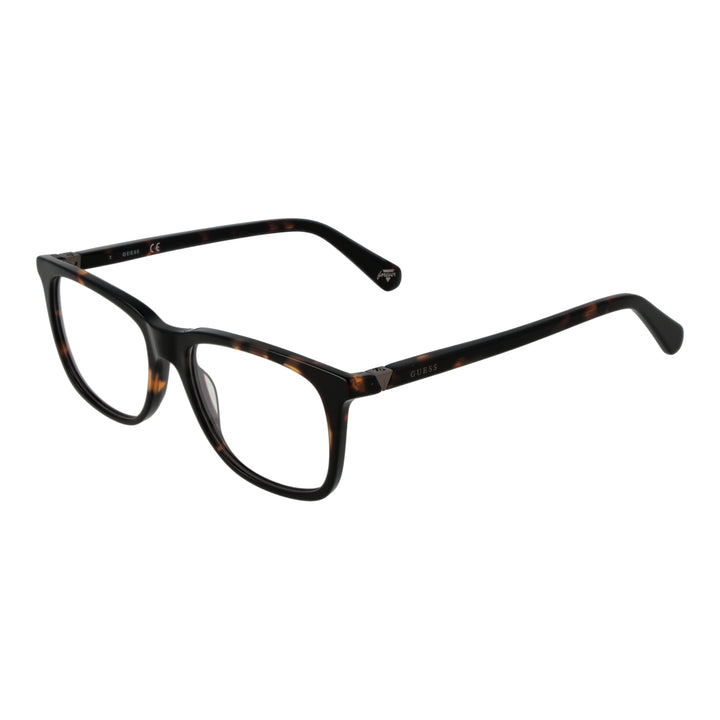 Unisex tortoise shell and black full-rim rectangular eyeglasses with metal hinge accents on neutral background