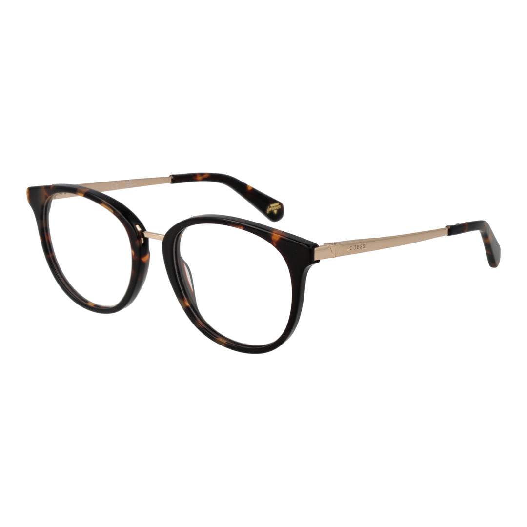 Unisex tortoise shell round eyeglasses with gold metal temples and plastic frame front on white background