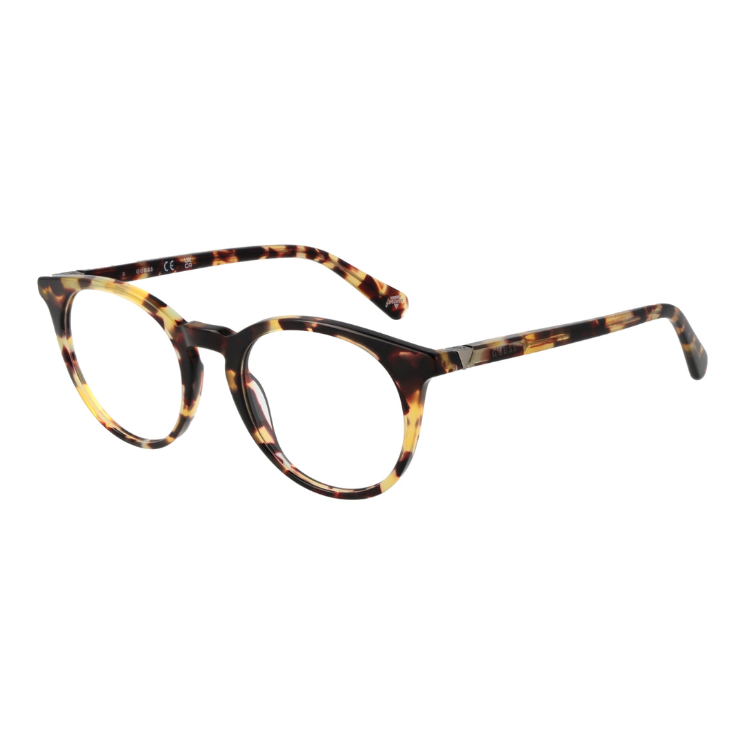 Tortoise shell patterned full-rim round eyeglasses for Women with patterned arms on white background