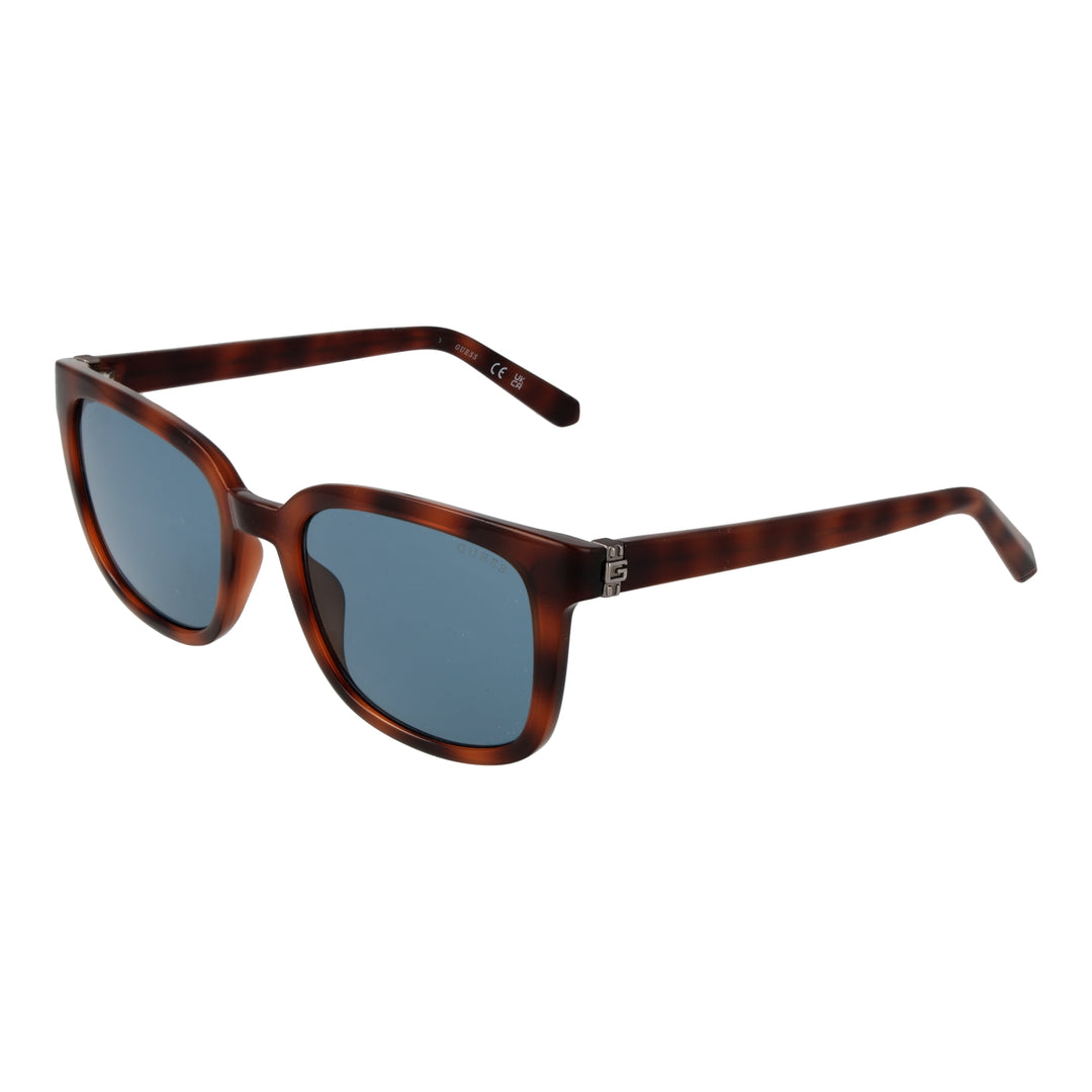 Tortoise brown plastic square sunglasses with blue lenses and metal logo on temples, Unisex