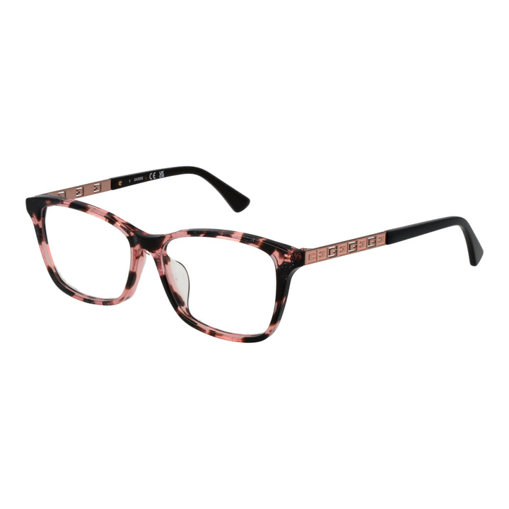 Pink and black tortoiseshell full-rim rectangular eyeglasses with rose-gold metal temple accents displayed front angle