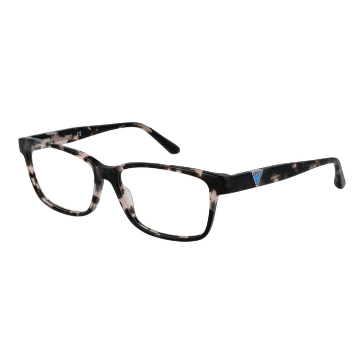 Unisex black and beige tortoiseshell full-rim rectangular eyeglasses with logo on temple, modern plastic frame