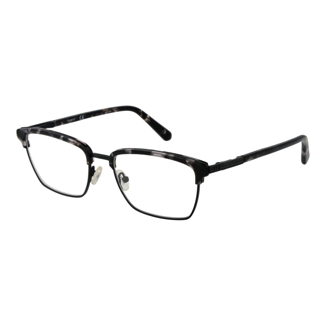Unisex black and gray tortoiseshell rectangular eyeglasses with thin full-rim frame and patterned temples on white background