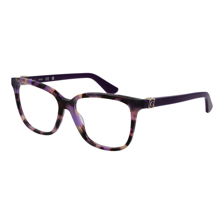 Front and three-quarter view of tortoiseshell square eyeglasses with metal logo temples in purple, black, pink tones