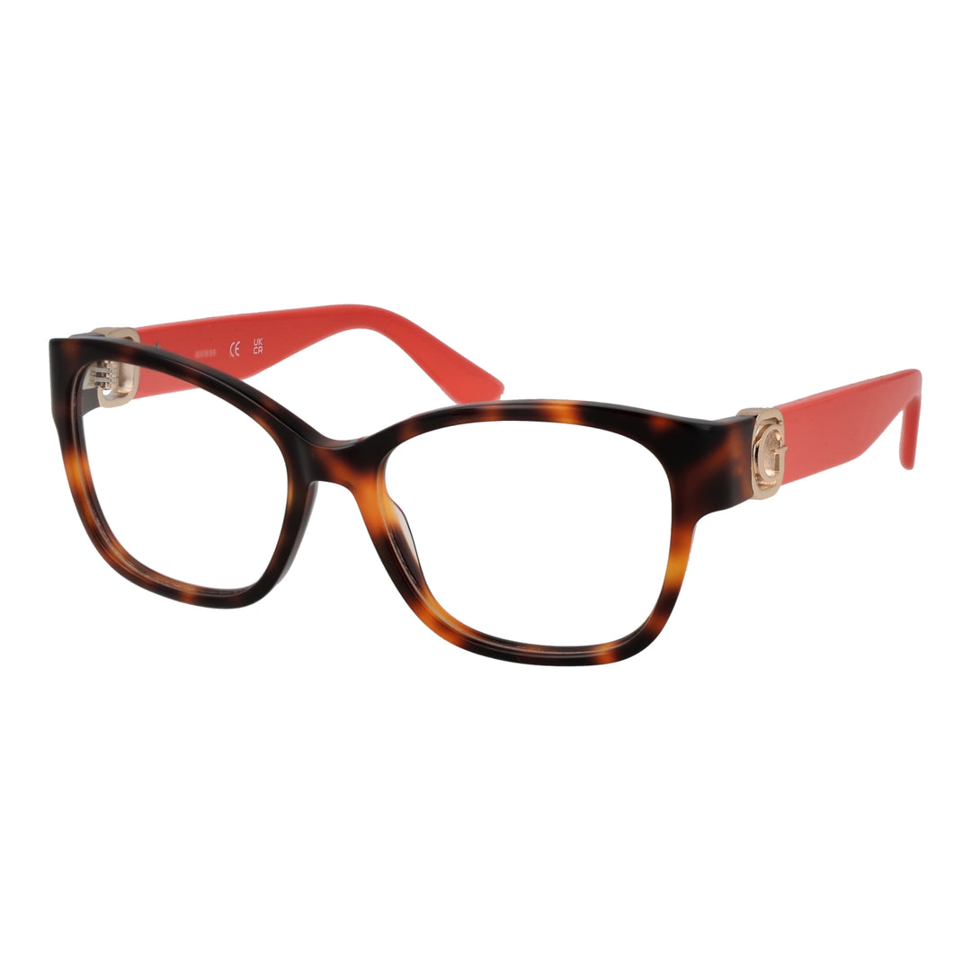 Tortoiseshell square eyeglasses in brown-orange with red arms and gold temple emblem on white background