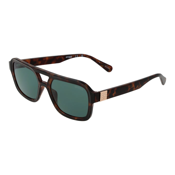 Unisex tortoiseshell square sunglasses with double bridge, gold temple accents and green lenses