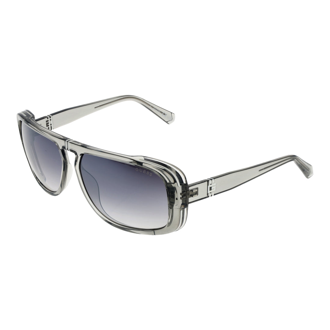 Transparent gray rectangular sunglasses with double bridge and gradient dark lenses, logo on lens and temples