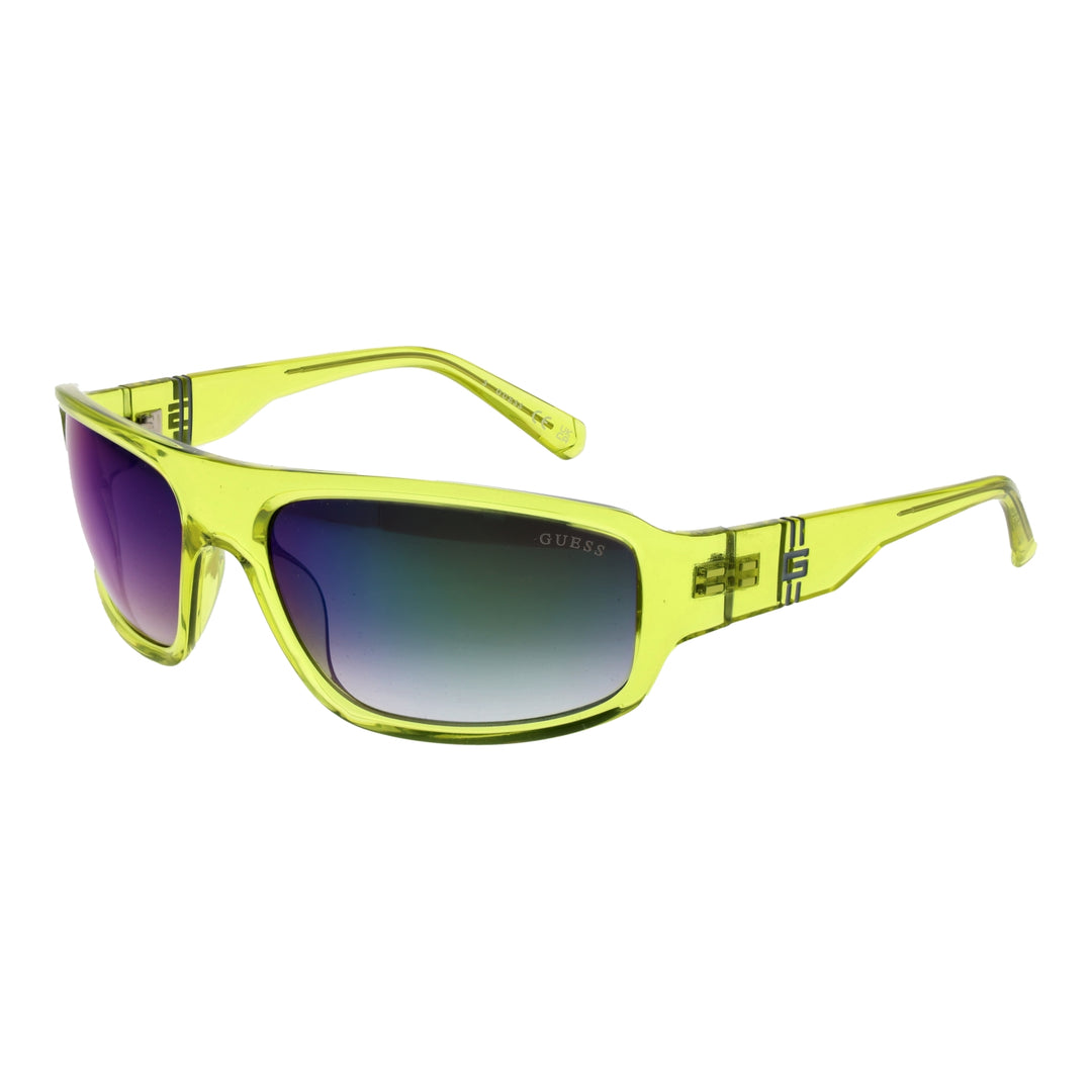 Unisex transparent yellow-green plastic sunglasses with rectangular purple-to-blue gradient lenses and logo on temples