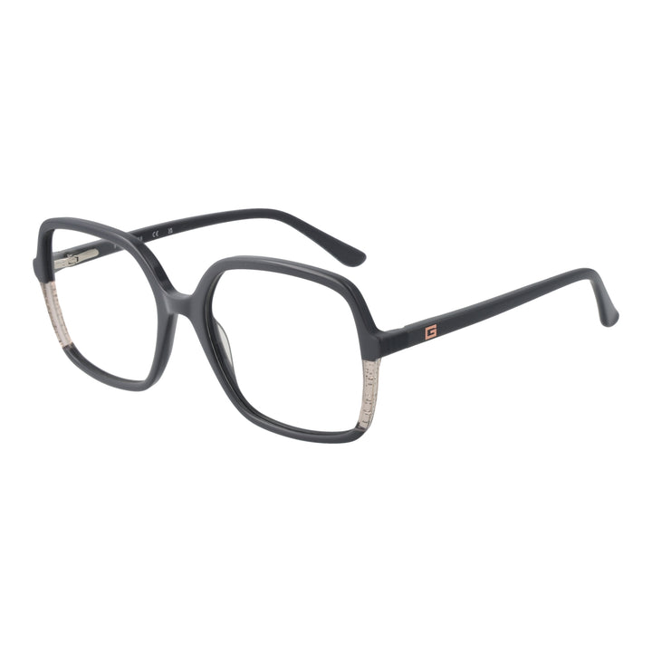 Black eyeglasses with transparent beige accents, square lenses, and logo on temple, modern two-tone plastic frame