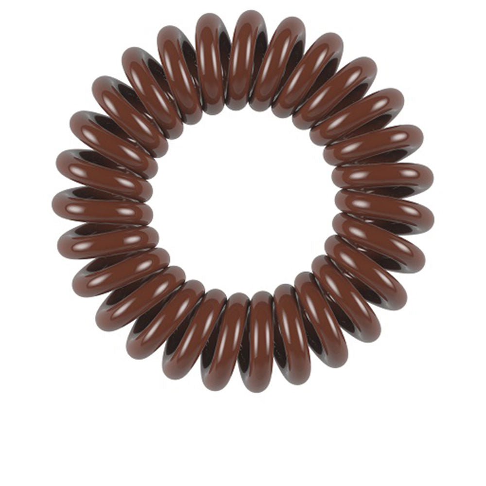 Three pretzel brown spiral hair rings in recyclable pack, waterproof design