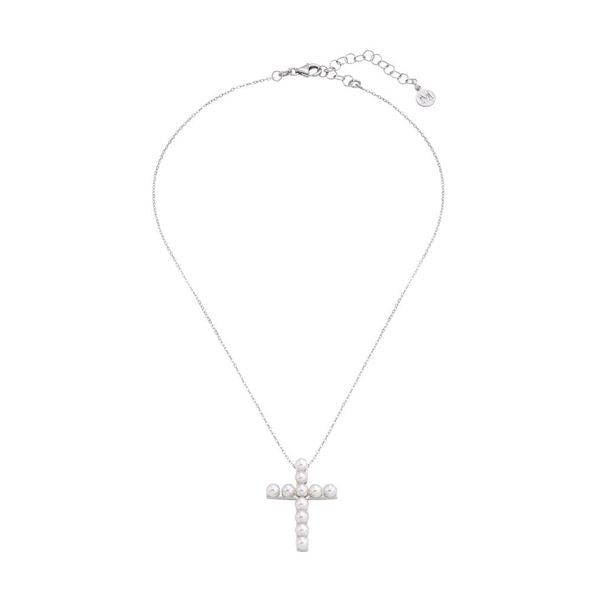 Silver pendant necklace with cross and white pearl-like beads on adjustable chain, displayed on neutral background