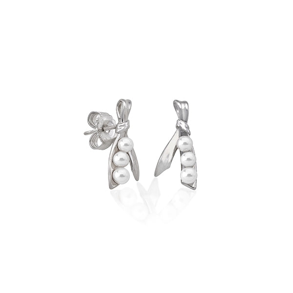 Close-up of silver drop earrings featuring three stacked white cultured pearls on each post for Women