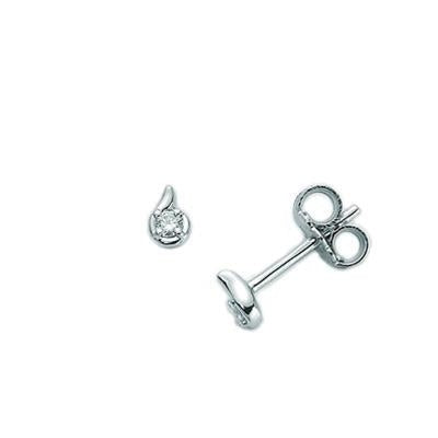 Pair of white metal diamond stud earrings with round clear diamonds and butterfly backs on neutral background