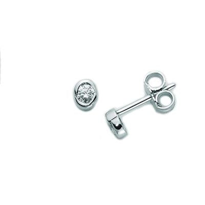 Pair of silver stud earrings each with a single clear round stone in a low-profile bezel and butterfly backs