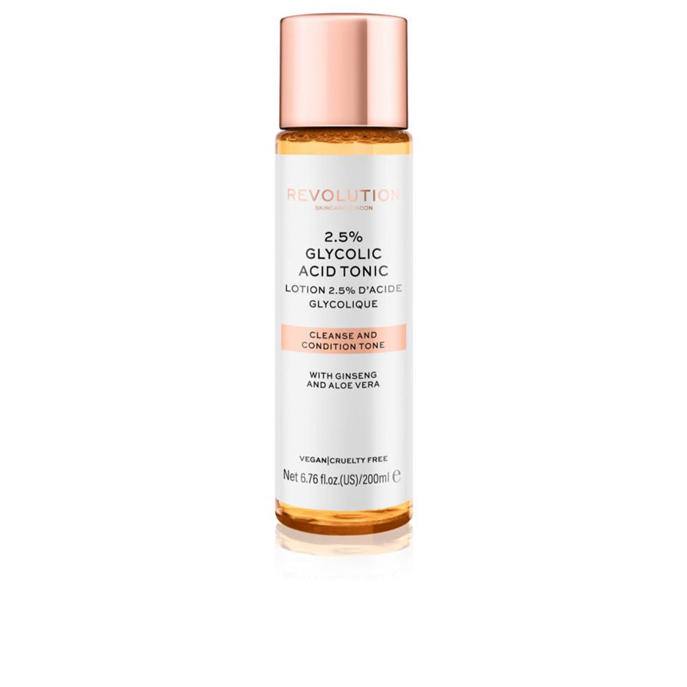 Clear 200 ml bottle of 2.5% glycolic acid exfoliating tonic, vegan cruetly-free
