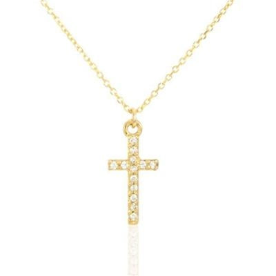 Gold pendant necklace featuring a crystal-embellished cross on a fine chain, shown on neutral background